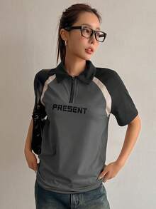 DAZY Camiseta feminina de verão com estampa de letras em blocos de cores e manga curta grande, camiseta de jersey, camisetas gráficas