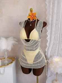 Zestiva-D Women's Summer Soft Yellow Hazy Special Fabric Mesh Layered Swimwear Set, Slouchy Ruffled Collar Design Top & Bottom, Skin-Tight Inner Set, Gentle & Spicy Style, Beach Resort Swimwear Set Women Vacation Outfit Sets Baecation Outfits Pr Vacation Outfits - Light Yellow - View 4