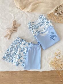 6pcs Baby Girls' Floral Print Short Sleeve Shorts Snug Fit Casual Homewear Set Spring Toddler Sets Baby Girl Blue Sets - Blue - View 11