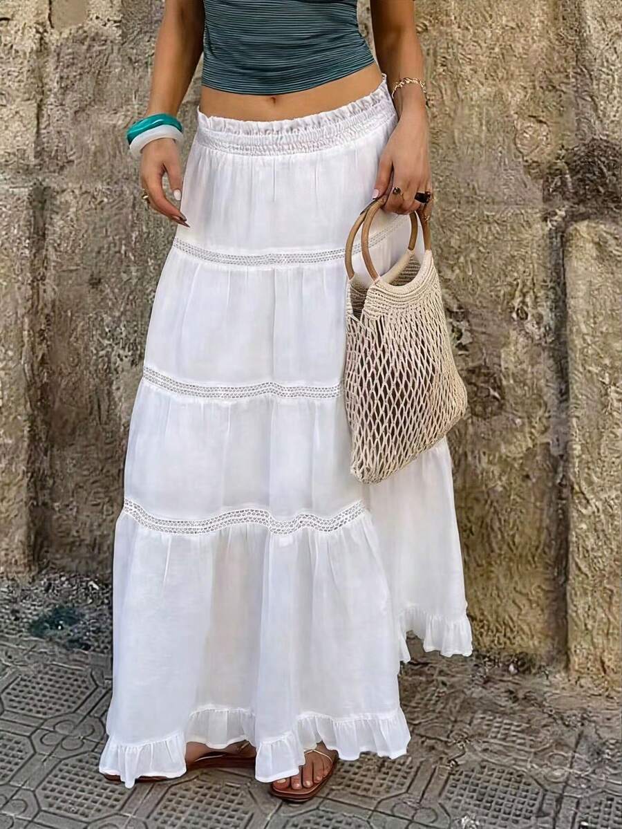Sundraya Falda larga casual de verano con volantes y dobladillo con volantes para mujer, color blanco - Blanco - Ver 1