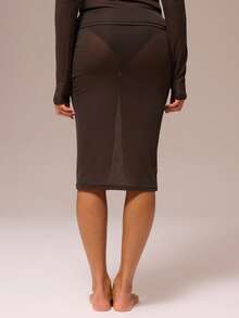 MUSERA ESSENTIALS 透视网纱直筒中长裙，适合秋冬季夜间外出，性感可爱，修身百搭。 - 軍綠色 - 查看 4