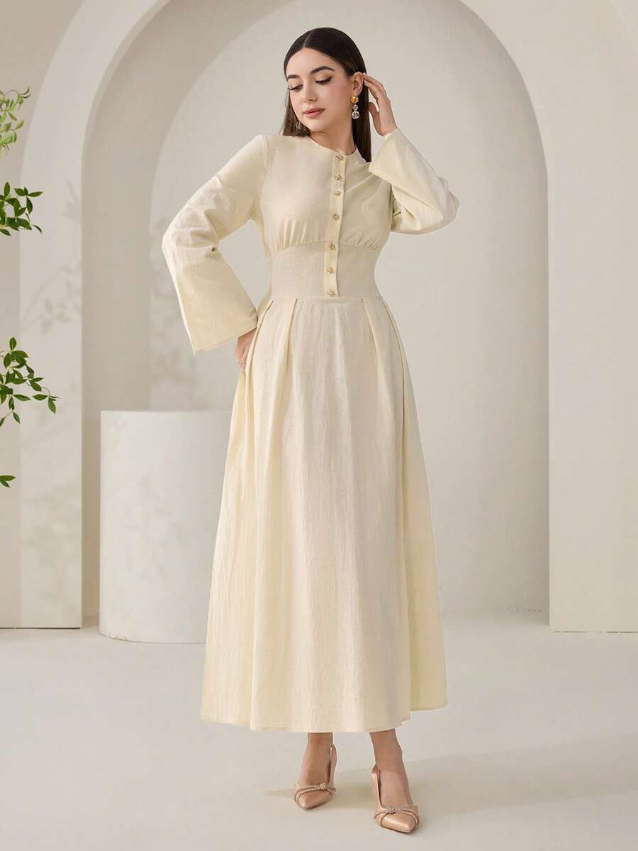 Veilorie Đầm dài tay cổ tròn cài cúc màu trơn thanh lịch dành cho nữ - Màu be - Xem 1