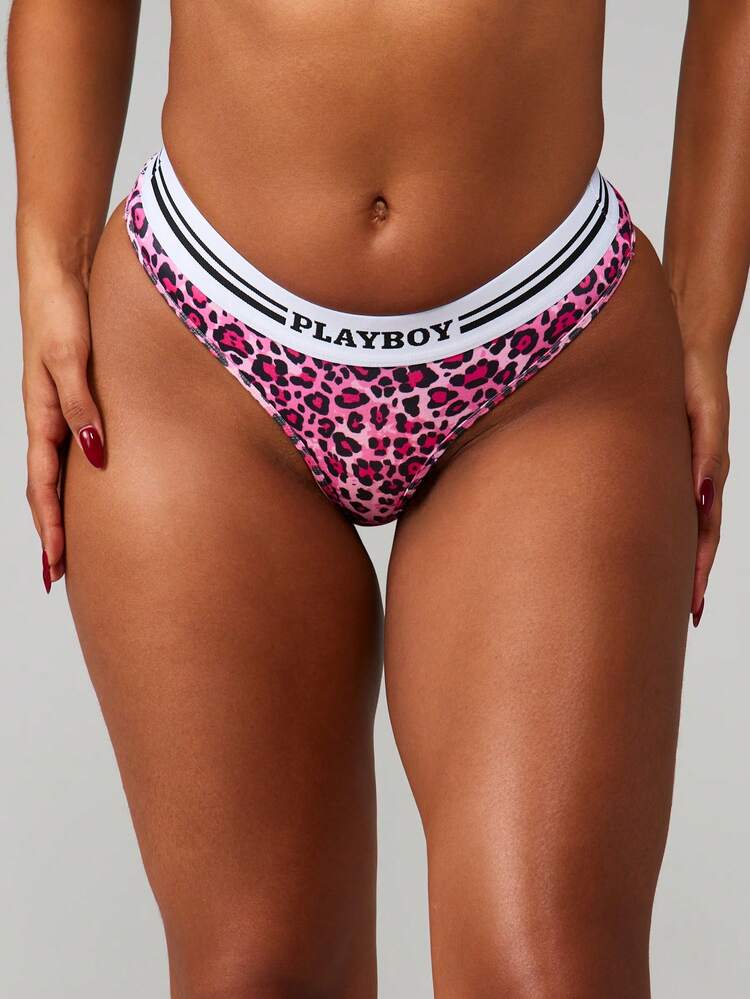 Missguided x Playboy Perizoma con stampa leopardata, vita in contrasto e dettaglio del logo del marchio, intimo stile brasiliano a vita alta