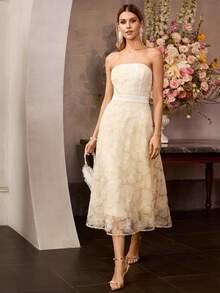 MOTF Soiréza VESTIDO TUBO CON SUPERPOSICIÓN DE MALLA CON PATRÓN FLORAL DE CUENTAS DE PERLAS FALSAS - Amarillo - Ver 7