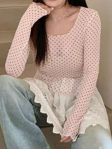 DAZY 女士波点薄纱长袖圆领打底衫，春夏款 - 淺粉色 - 查看 7