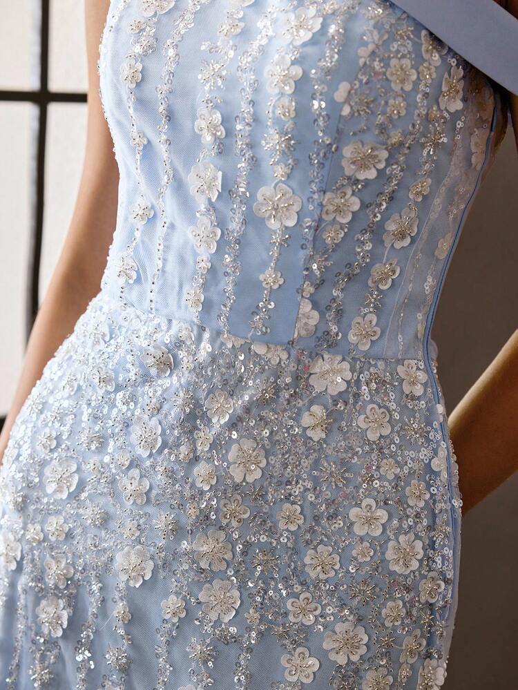 MOTF Soiréza WOMEN'S ELEGANT COCKTAIL LONG DRESS WITH MESH EMBROIDERY PATCHWORK AND ASYMMETRICAL NECK DESIGN, SPRING/SUMMER