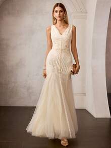 MOTF Soiréza Đầm dạ hội nữ cổ chữ V thanh lịch kiểu nàng tiên cá, thích hợp cho các buổi tiệc và dạ hội, mùa xuân/hè. - Màu be - Xem 7