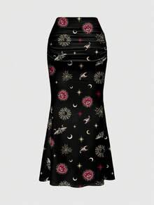 ROMWE Goth 哥特式暗黑神秘哥特日月星印花褶皱紧身美人鱼裙（女款） - 黑色 - 查看 2