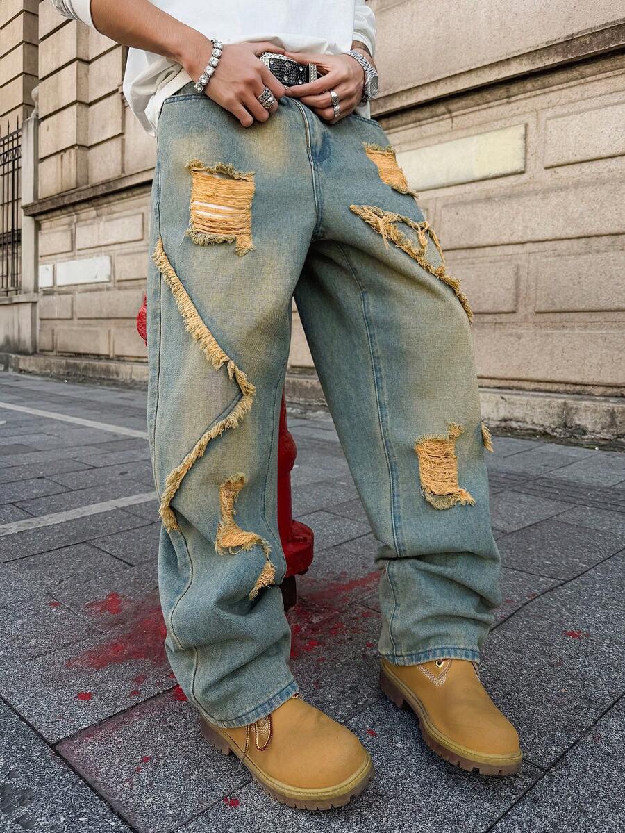 Manfinity EMRG Men's Pocket Distressed Frayed Hem Loose Fit Casual Grunge Jeans Rave Light Blue Summer - Multicolor - View 1