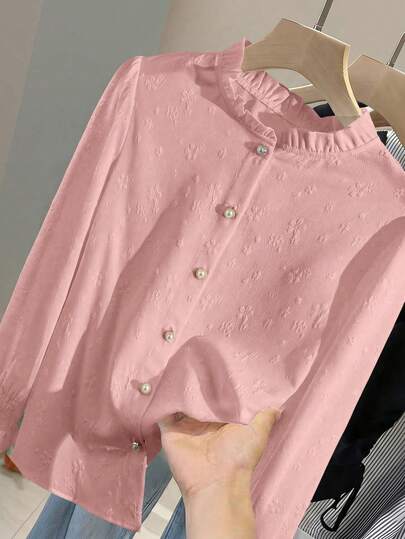 GlowEve French Elegant Loose Fit Long Sleeve Blouse For Women, White Jacquard Stand Collar Frill Trim Casual Shirt