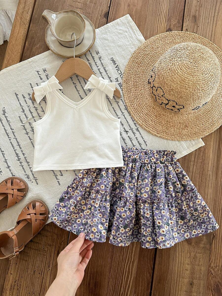 SHEIN LMoss Kids LMoss 女嬰針織純色細肩帶背心 + 印花雪紡迷你裙 2 件套 - 紫色 - 查看 1