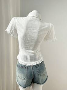 Elamini Women's Summer Top - Casual Textured Fabric With Ruffle Trim And Waist-Cinching Design For Valentine's Date & Party Outfits - White - View 2