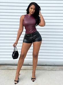 Alexandranx Women Solid Ruched Crew Neck Casual Camisole - Burgundy - View 6
