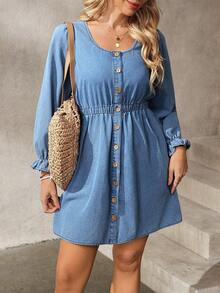 EMERY ROSE Women's Round Neck Single-Breasted Waist Cinched Casual Denim Dress, Suitable For Dates And Outings - Blue - View 6