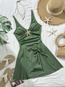 Zestiva Váy bơi nữ màu trơn, dây đeo rộng, khóa cài, trang trí hình sao biển, kiểu dáng thanh lịch, thích hợp cho kỳ nghỉ hè, thu ở bãi biển. - màu xanh lá - Xem 5