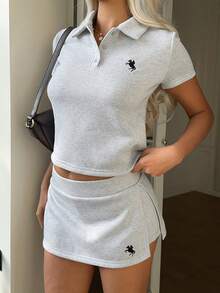 CovetEZ Women's Collared Button Half-Placket Embroidered Graphic Short Sleeve Top And Skirt Pants 2-Piece Casual Everyday Set - Grey - View 7