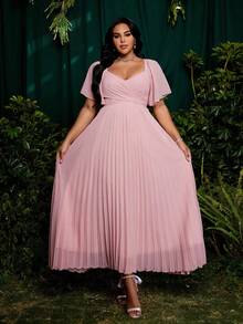 Roveilla 大码女士优雅公主宫廷风长裙，超长荷叶边袖，蝴蝶结系带，A字廓形，适合度假、婚礼、伴娘、派对等场合，纯粉色 - 粉色 - 查看 3