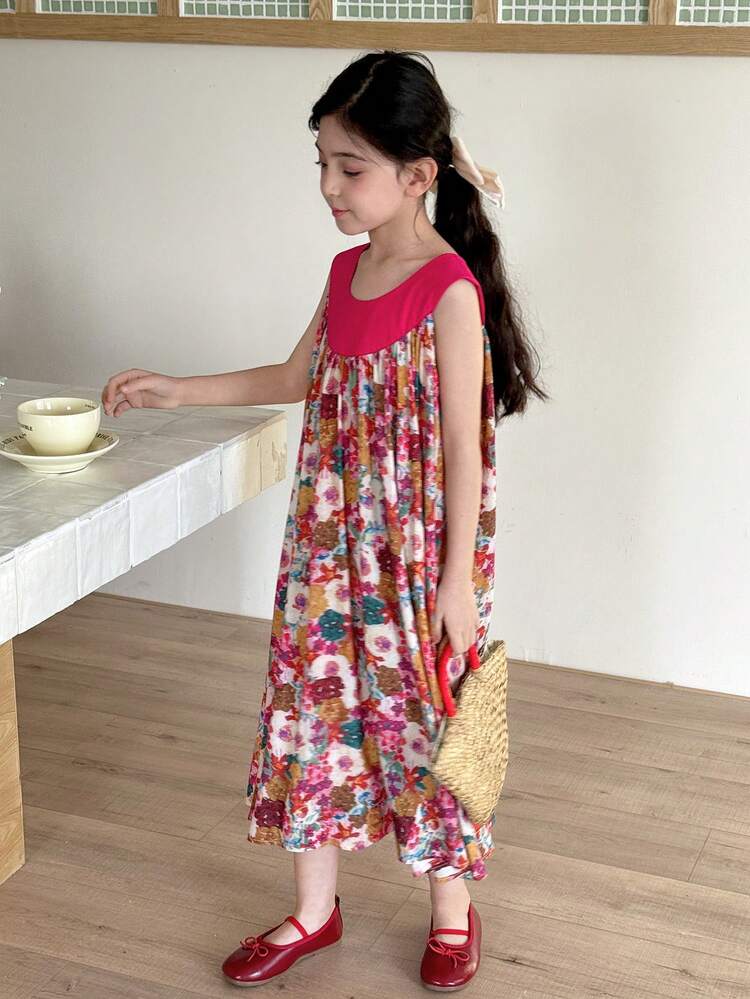 Tween Girl Floral Print Casual Vacation Dress
