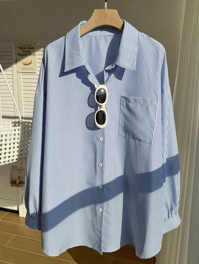 Comfortcana Plus Size Women Casual Loose Fit Blue Striped Shirt