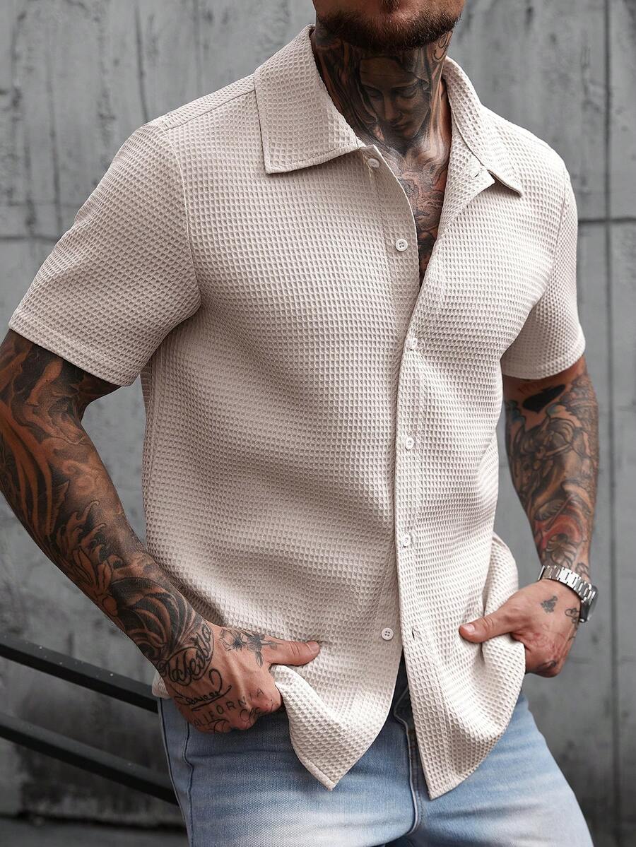 Manfinity CasualCool Áo sơ mi nam tay ngắn màu trơn, kiểu dáng thường ngày, thích hợp cho mùa hè. - Màu be - Xem 1