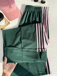 Comfortcana 大码女式弹力腰侧条纹阔腿宽松休闲裤 - 綠色 - 查看 7