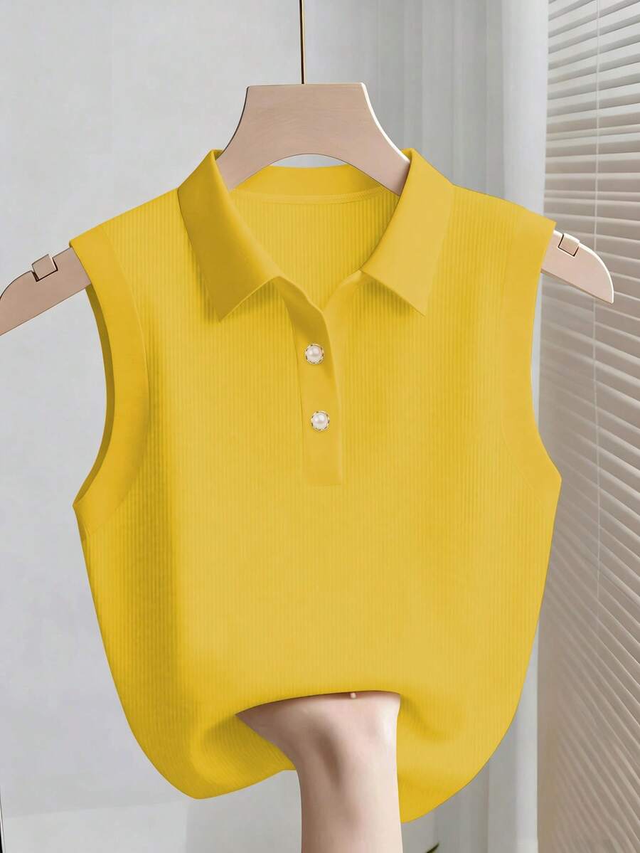SHEIN Franclia Áo tank top không tay thời trang và thanh lịch dành cho nữ, có cúc cài, thích hợp mặc mùa hè. - Màu vàng - Xem 1