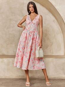 Enchnt Spring/Summer Romantic Women's Pink Floral Print V-Neck Sleeveless Princess Long Dress,Sweet&Elegant For Vacation&Date&Holiday&Going Out,Spring Outfit Women - Pink - View 4