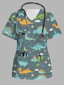 Poshira 卡通印花休闲简约短袖工作服上衣 - 彩色 - 查看 1