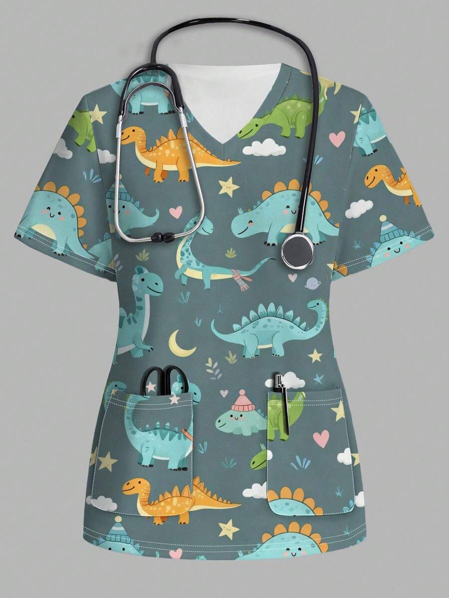 Poshira 卡通印花休闲简约短袖工作服上衣 - 彩色 - 查看 1