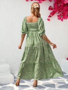 SHEIN 孕妇度假宽松碎花泡泡袖连衣裙 - 綠色 - 查看 2