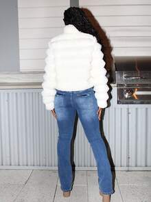 Steph T Going Out Solid Open Front Crop Fuzzy Coatwinter, Business , Casual, Elegant, White, Faux Fur, Plush, Long Sleeve - Apricot - View 2