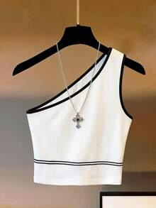 Franclia Women's Lingerie, Women's Vest, White One-Shoulder Top With Black Trim, Summer Vest, Summer Top, Cute For Beach Vacations, From Spring To Summer, Summer, Summer Outfits, Summer Holiday Outfits, Summer Tops, Beach, Women's Beach Outfits, Women's Beach Clothing, Women's Elegant Outfits, Women's Elegant Shirts, Women's Elegant Tops, Women's Casual Tops, White Women's Shirts, White Shirts, White Tops - White - View 1