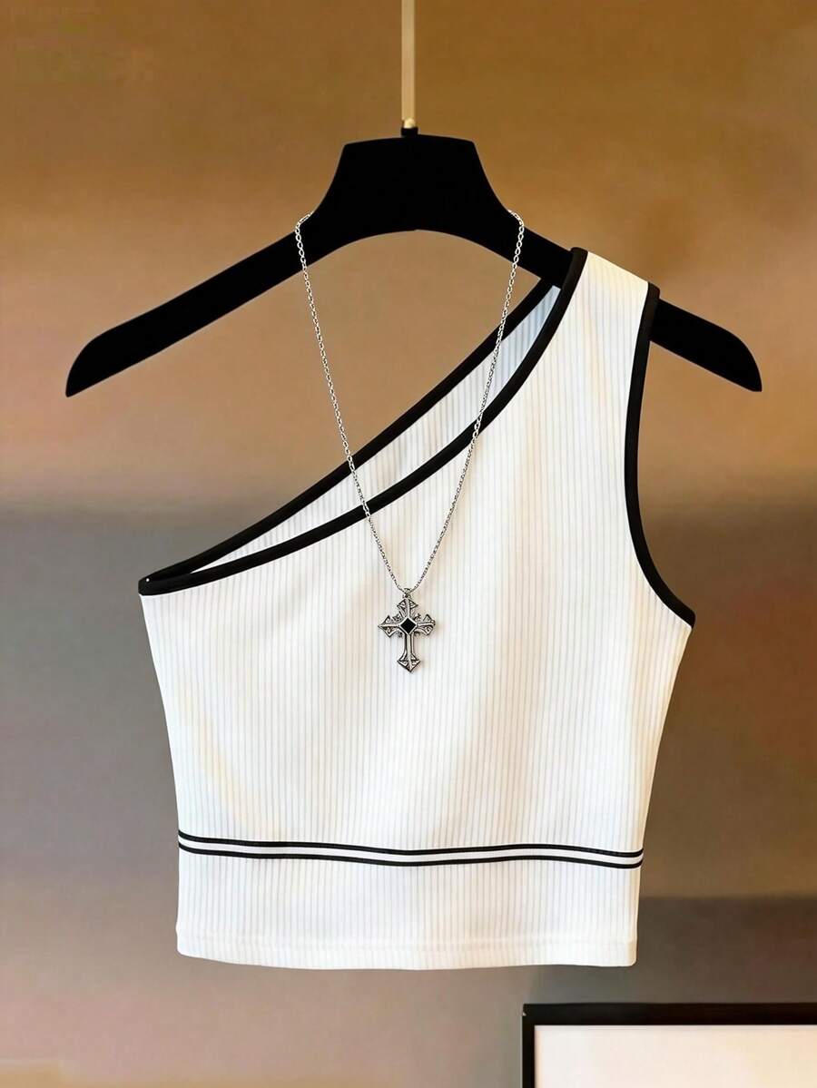 Franclia Women's Lingerie, Women's Vest, White One-Shoulder Top With Black Trim, Summer Vest, Summer Top, Cute For Beach Vacations, From Spring To Summer, Summer, Summer Outfits, Summer Holiday Outfits, Summer Tops, Beach, Women's Beach Outfits, Women's Beach Clothing, Women's Elegant Outfits, Women's Elegant Shirts, Women's Elegant Tops, Women's Casual Tops, White Women's Shirts, White Shirts, White Tops - White - View 1