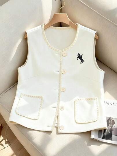 GlowEve Dam Skalklänning Dekorerad ficka Broderad mönster Casual Semester Daglig Pendling Chic Fransk Mångsidig Semester Affär Aprikos Ärmlös Jacka Kofta, Tidig vår/Vår-Sommar