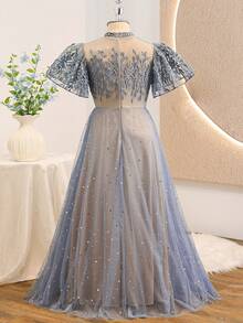 Tween Girl Floral Embroidery Mesh Splice Elegant Party Dress With Stand Collar - Grey - View 2