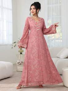 Al Najma Đầm hoa dài tay cổ chữ V thêu họa tiết hoa thanh lịch, dáng xòe dành cho nữ. - Bụi hồng - Xem 4