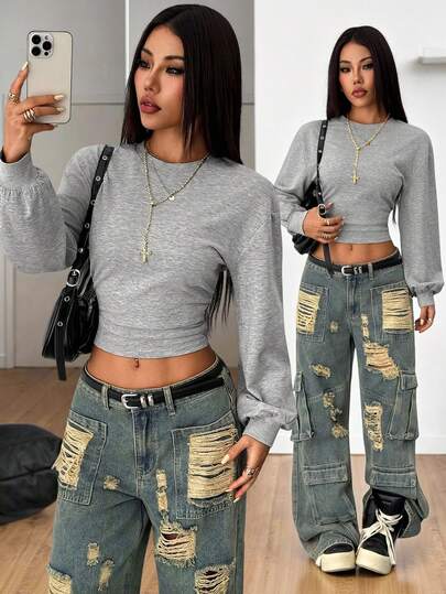 SHEIN PETITE Omen;S Fall/Summer And Summer Back To School Basic Solid Color Pleated Asymmetrical Neck Long Sleeve Pullover Sweatshirt