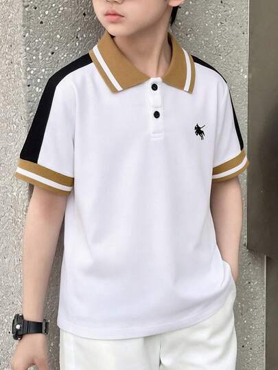 Mirajuku 1 pieza Camisa polo de manga larga con bloqueo de color en contraste para niños preadolescentes, con pequeño diseño de logo de caballo, de moda para uso casual, viajes, uso diario, adecuado para combinar con pantalones tejidos o vaqueros
