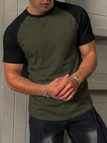 RueChic Uomo Maglietta color block manica raglan - Verde militare - Visualizzare 4