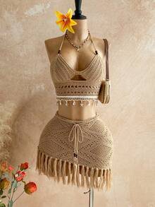 Soleia 两件套度假风串珠贝壳流苏下摆低腰斜摆毛衣套装，波西米亚风，度假风，秋季女装，复古风，节日 - 卡其色 - 查看 4