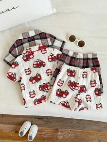 SHEIN 男女宝宝春夏可爱消防车格子图案睡衣套装，短袖纽扣衬衫上衣和短裤套装，适合居家休闲和外出穿着。 - 紅色 - 查看 2