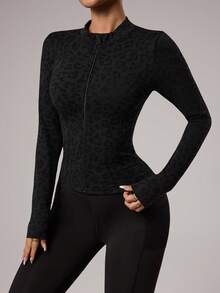 Seamluxe SHEIN Sport Women's Leopard Print Fitted Sports Jacket, Long Sleeve Zip-Up Sweatshirt For Yoga, Gym, Running, Outdoor & Casual Wear - Multicolor - View 4