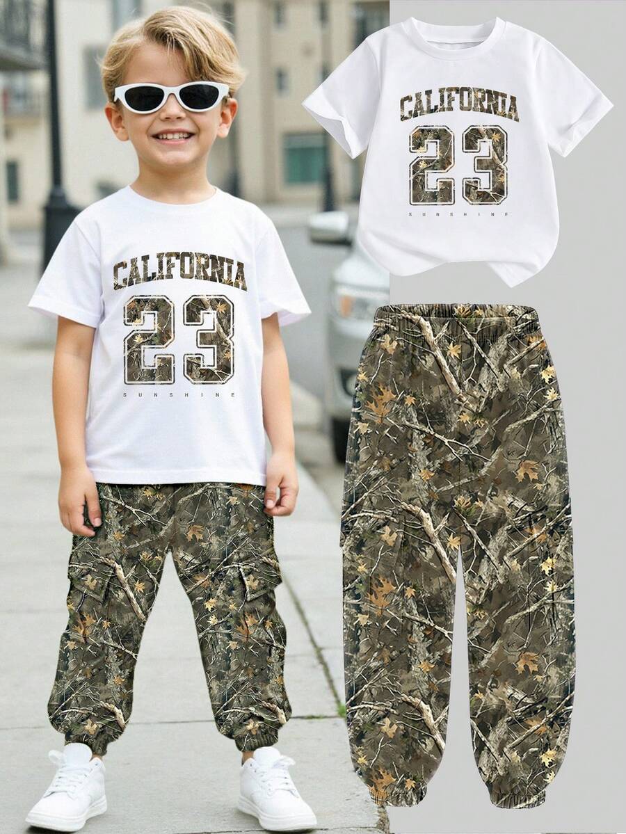 2pcs/Set Young Boy Casual Minimalist Pattern Short Sleeve Round Neck T-Shirt And Cargo Pants Outfit, Suitable For Summer - Multicolor - View 1