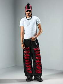 ROMWE MEN Street Life Men's Street Fashion Letter & Print Jeans - Black - View 7