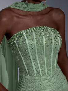 Elitara Elegant Luxurious Stretchy Lace Bustier Shaping Corset,Rhinestone Embellished Sweetheart Neckline,Waist Ruching&Fishtail Hem For Weddings&Parties - Olive Green - View 1