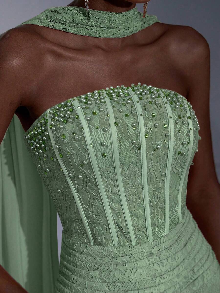 Elitara Elegant Luxurious Stretchy Lace Bustier Shaping Corset,Rhinestone Embellished Sweetheart Neckline,Waist Ruching&Fishtail Hem For Weddings&Parties - Olive Green - View 1