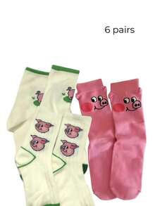 Joivida 秋冬季趣味卡通小猪可爱中筒袜，舒适保暖动物图案新奇袜子，女士女孩柔软船袜，送礼佳品，潮流时尚袜子，卡哇伊设计，舒适弹力袜 - 彩色 - 查看 7