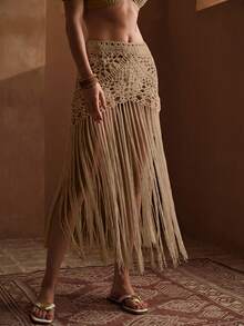 MOTF PREMIUM FRINGE DETAIL HOLLOW OUT COVER UP SKIRT - Apricot - View 6