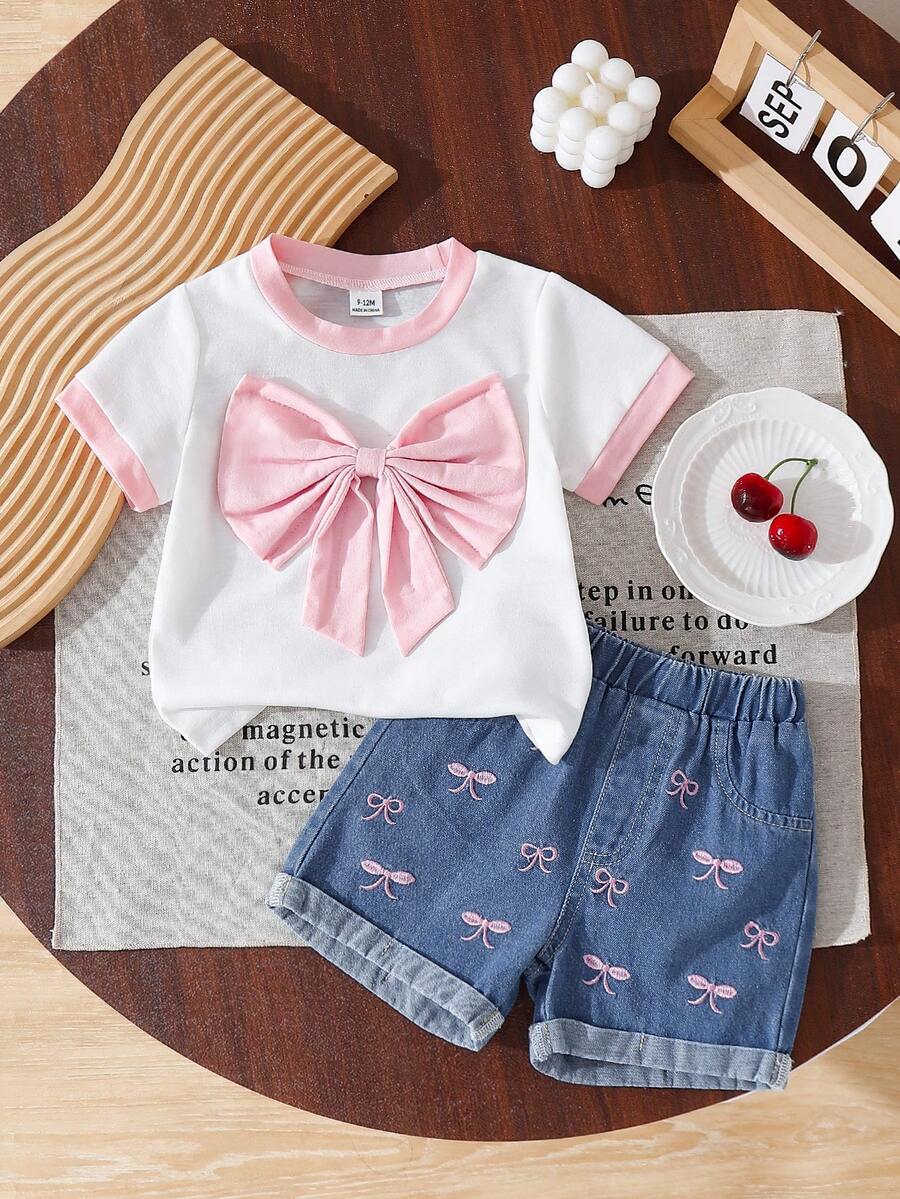 Bộ 2 món áo ngắn tay và quần short cho bé gái, áo thun hồng có nơ phối với quần short viền tương phản, họa tiết thêu, trang phục mùa hè ngọt ngào và thoải mái. - Hồng - Xem 1