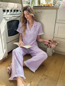 SHEIN Romantic Ruffled Collar Cardigan Pajama Set For Women - Mauve Purple - View 1